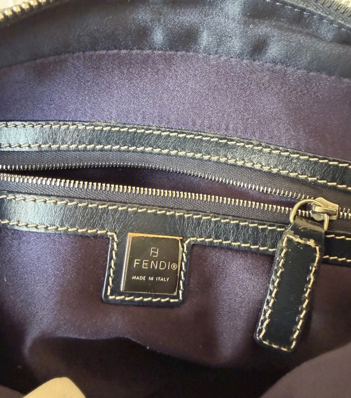 Fendi Small Boston Leather and Canvas Bag in Navy Blue and Cream