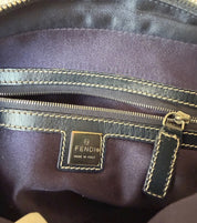 Fendi Small Boston Leather and Canvas Bag in Navy Blue and Cream