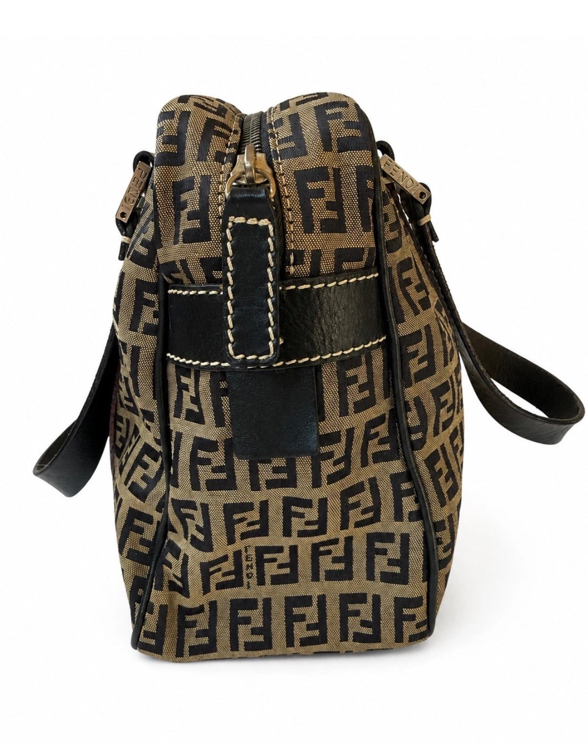 Fendi Small Boston Leather and Canvas Bag in Navy Blue and Cream