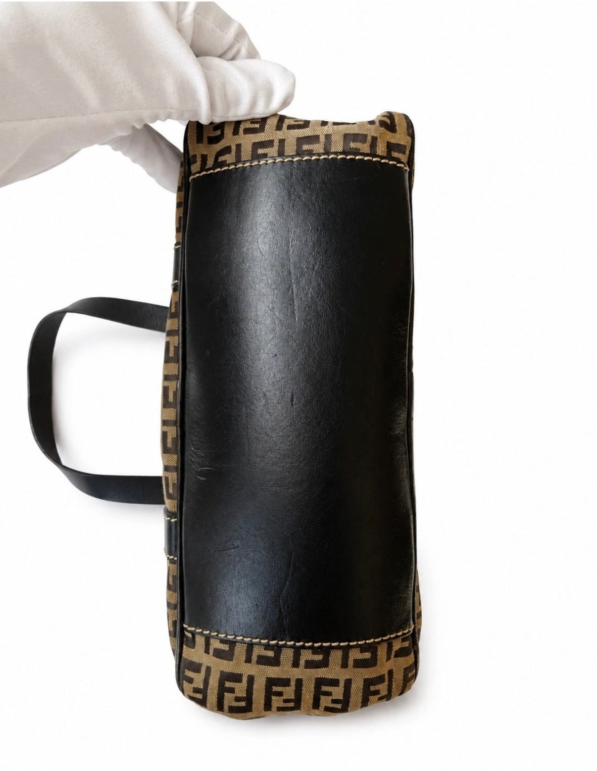 Fendi Small Boston Leather and Canvas Bag in Navy Blue and Cream
