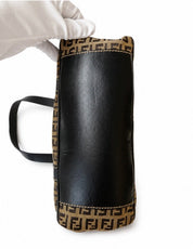 Fendi Small Boston Leather and Canvas Bag in Navy Blue and Cream