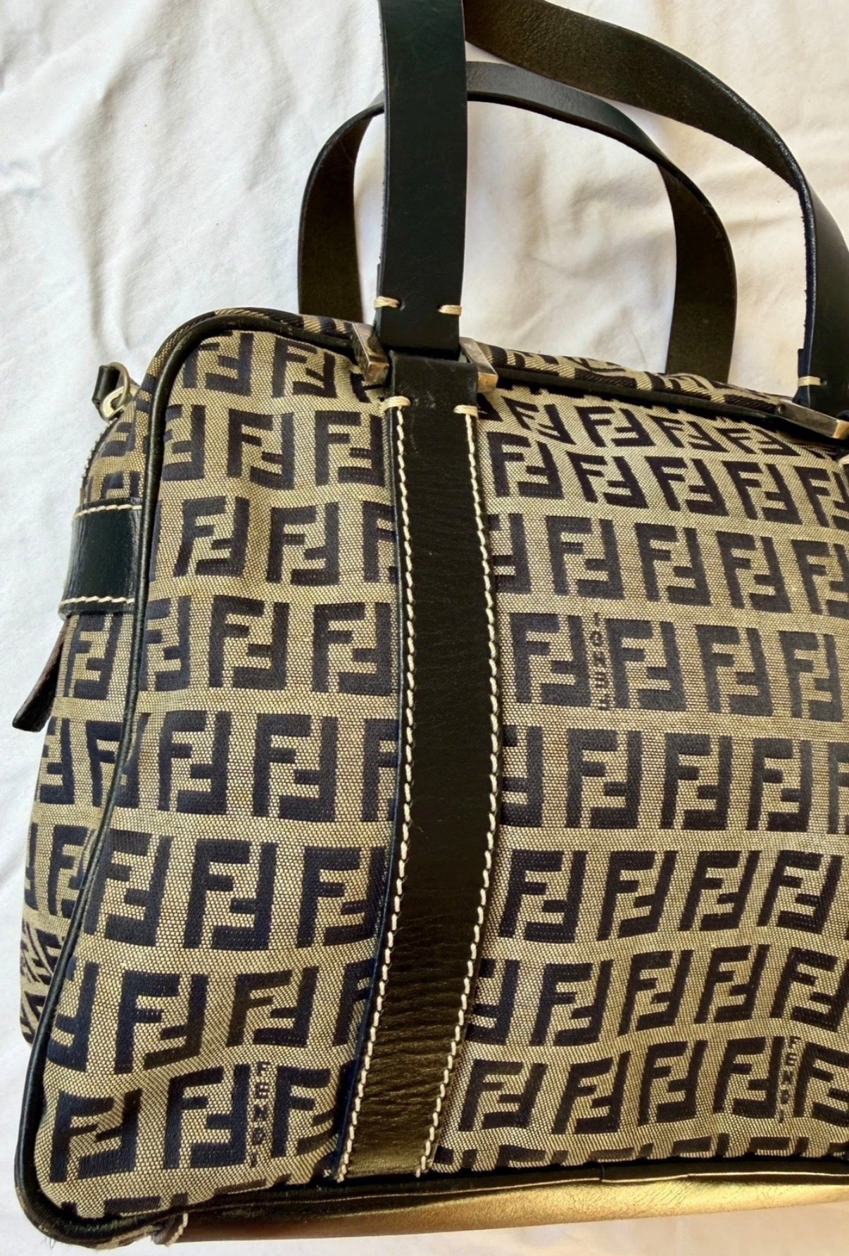 Fendi Small Boston Leather and Canvas Bag in Navy Blue and Cream