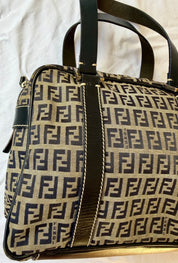 Fendi Small Boston Leather and Canvas Bag in Navy Blue and Cream