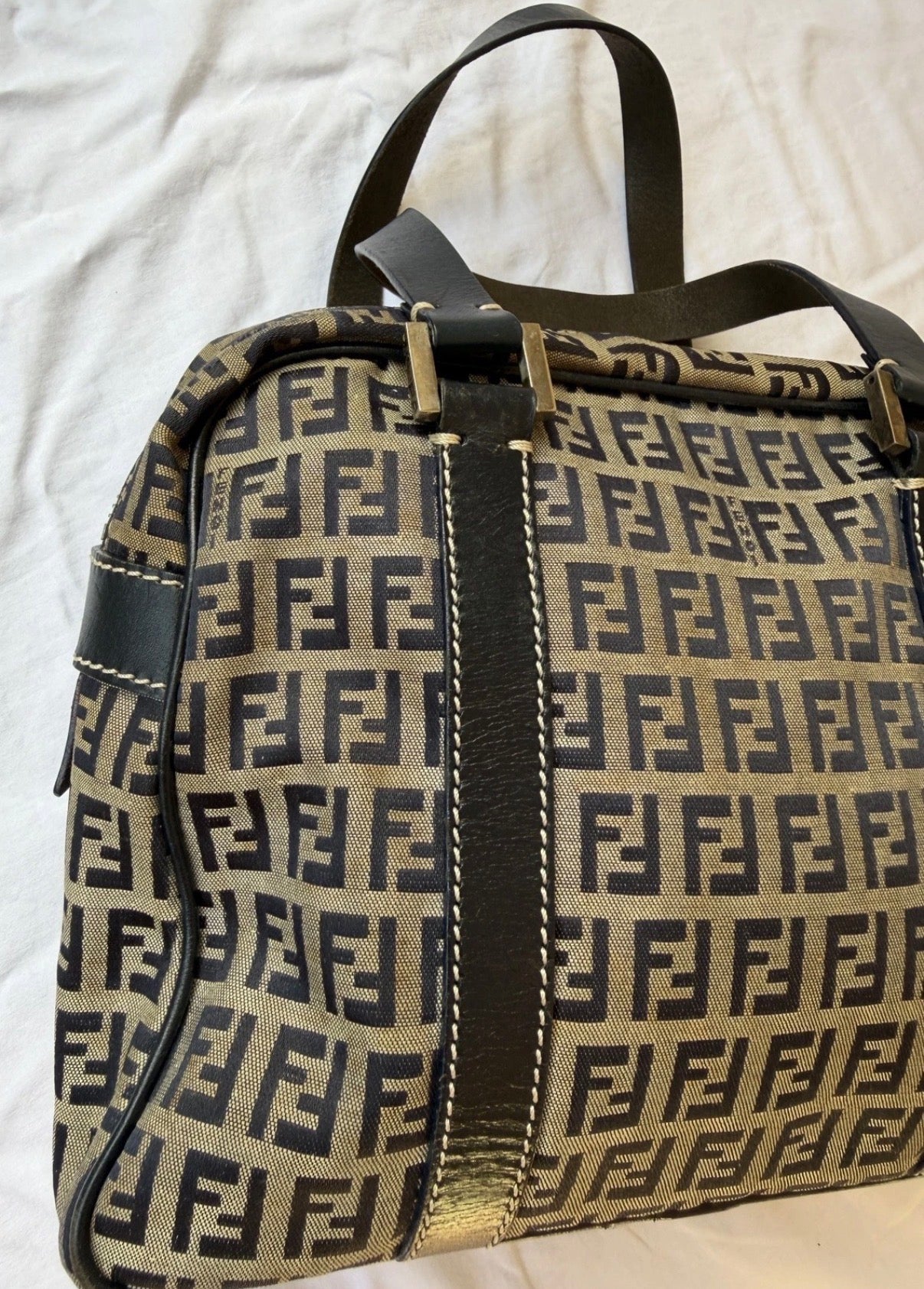Fendi Small Boston Leather and Canvas Bag in Navy Blue and Cream