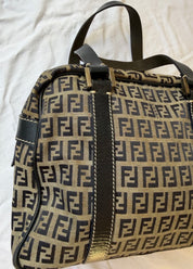 Fendi Small Boston Leather and Canvas Bag in Navy Blue and Cream