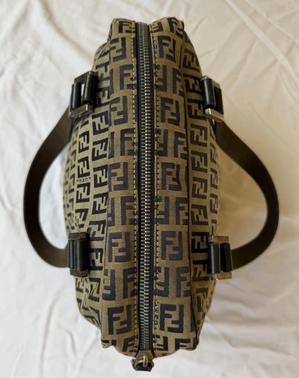 Fendi Small Boston Leather and Canvas Bag in Navy Blue and Cream
