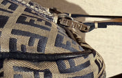 Fendi Small Boston Leather and Canvas Bag in Navy Blue and Cream