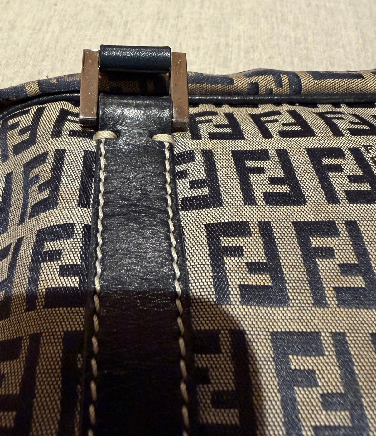 Fendi Small Boston Leather and Canvas Bag in Navy Blue and Cream