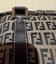 Fendi Small Boston Leather and Canvas Bag in Navy Blue and Cream