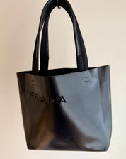 PRADA Black Leather Cut-out Logo Tote Bag with  Open Top w/ Matching Clutch