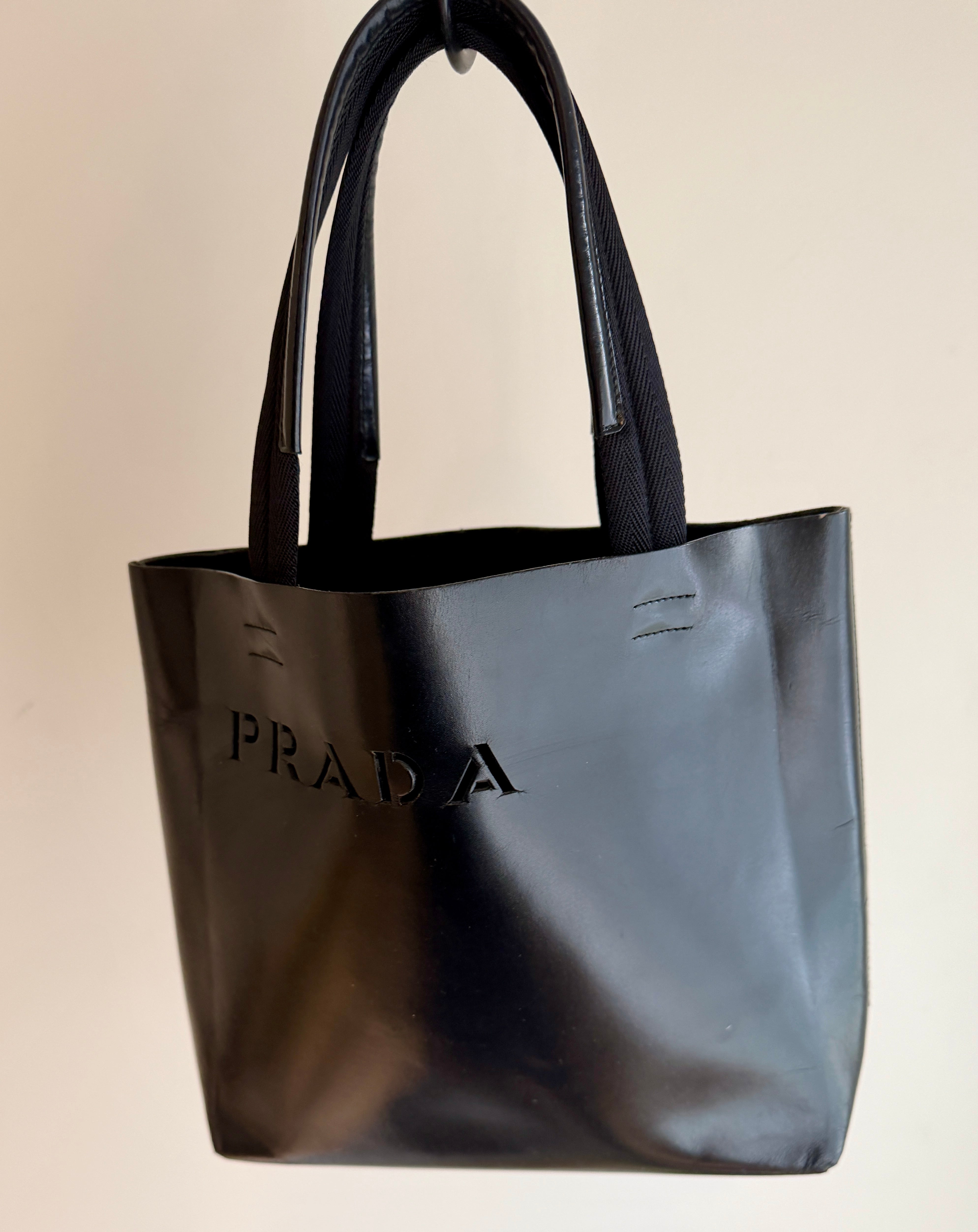 PRADA Black Leather Cut-out Logo Tote Bag with  Open Top w/ Matching Clutch