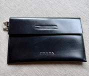 PRADA Black Leather Cut-out Logo Tote Bag with  Open Top w/ Matching Clutch
