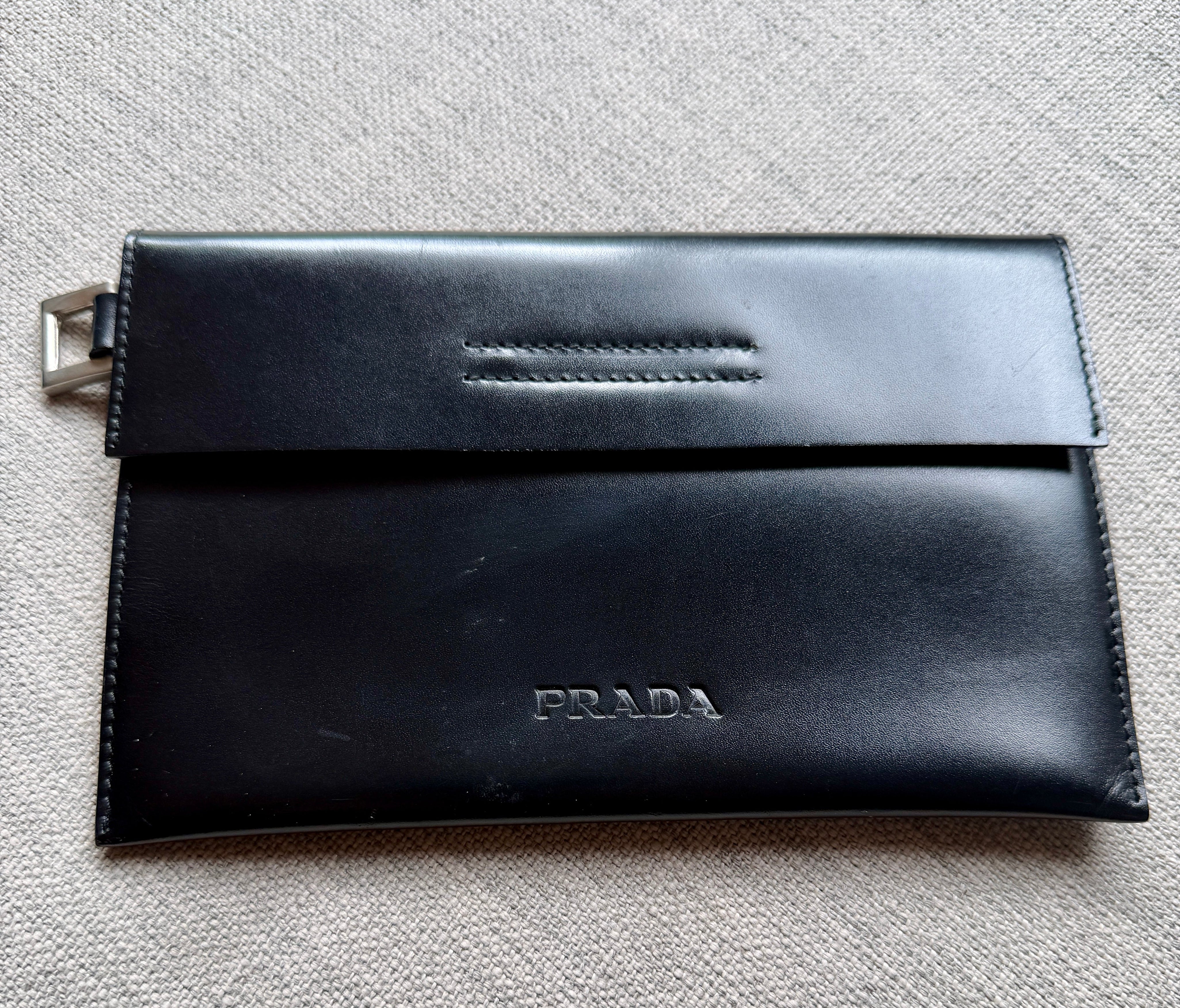 PRADA Black Leather Cut-out Logo Tote Bag with  Open Top w/ Matching Clutch