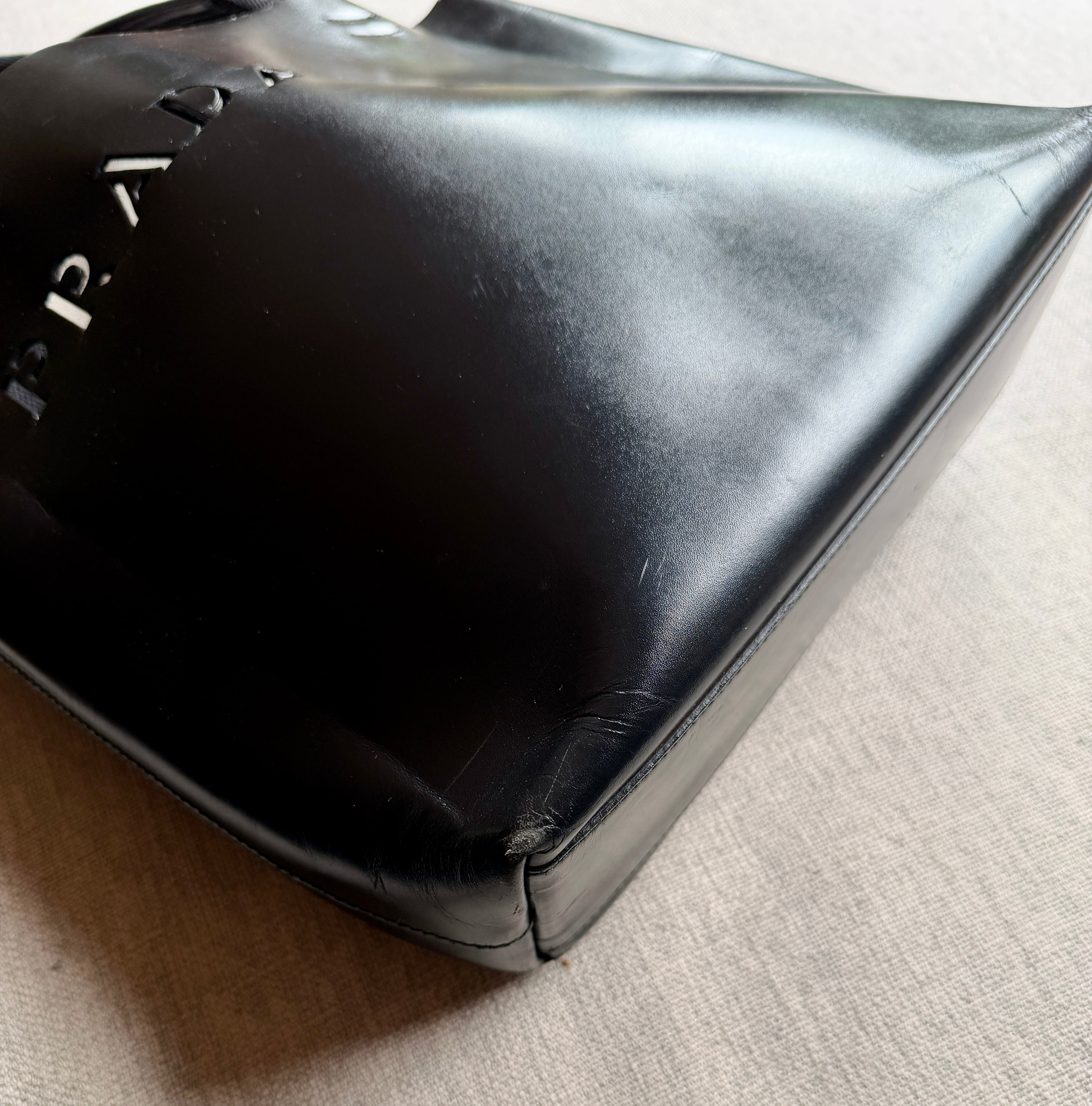 PRADA Black Leather Cut-out Logo Tote Bag with  Open Top w/ Matching Clutch