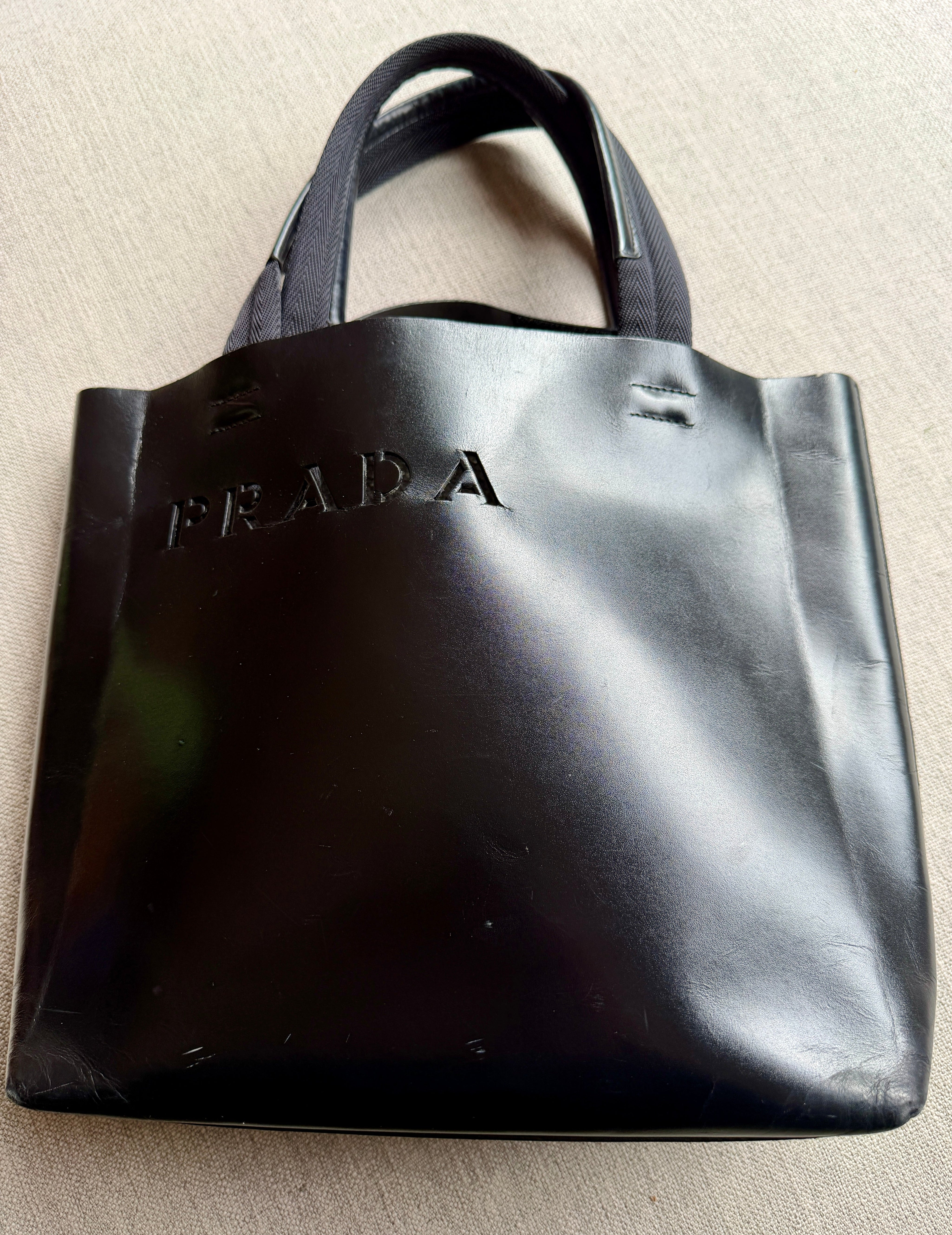 PRADA Black Leather Cut-out Logo Tote Bag with  Open Top w/ Matching Clutch