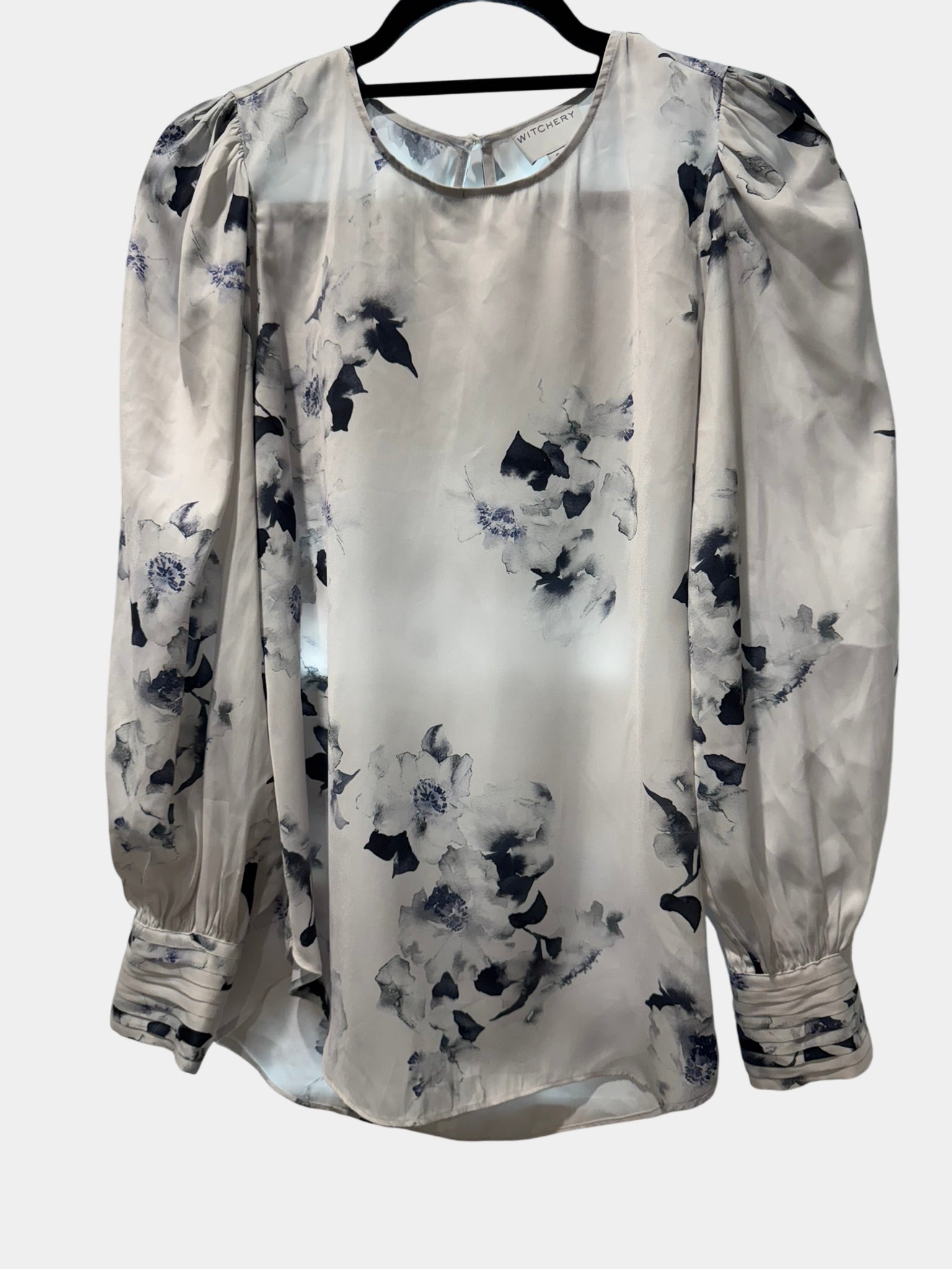 WITCHERY White/Blue Floral Blouse with Puffy Sleeves Size 8