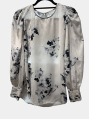 WITCHERY White/Blue Floral Blouse with Puffy Sleeves Size 8