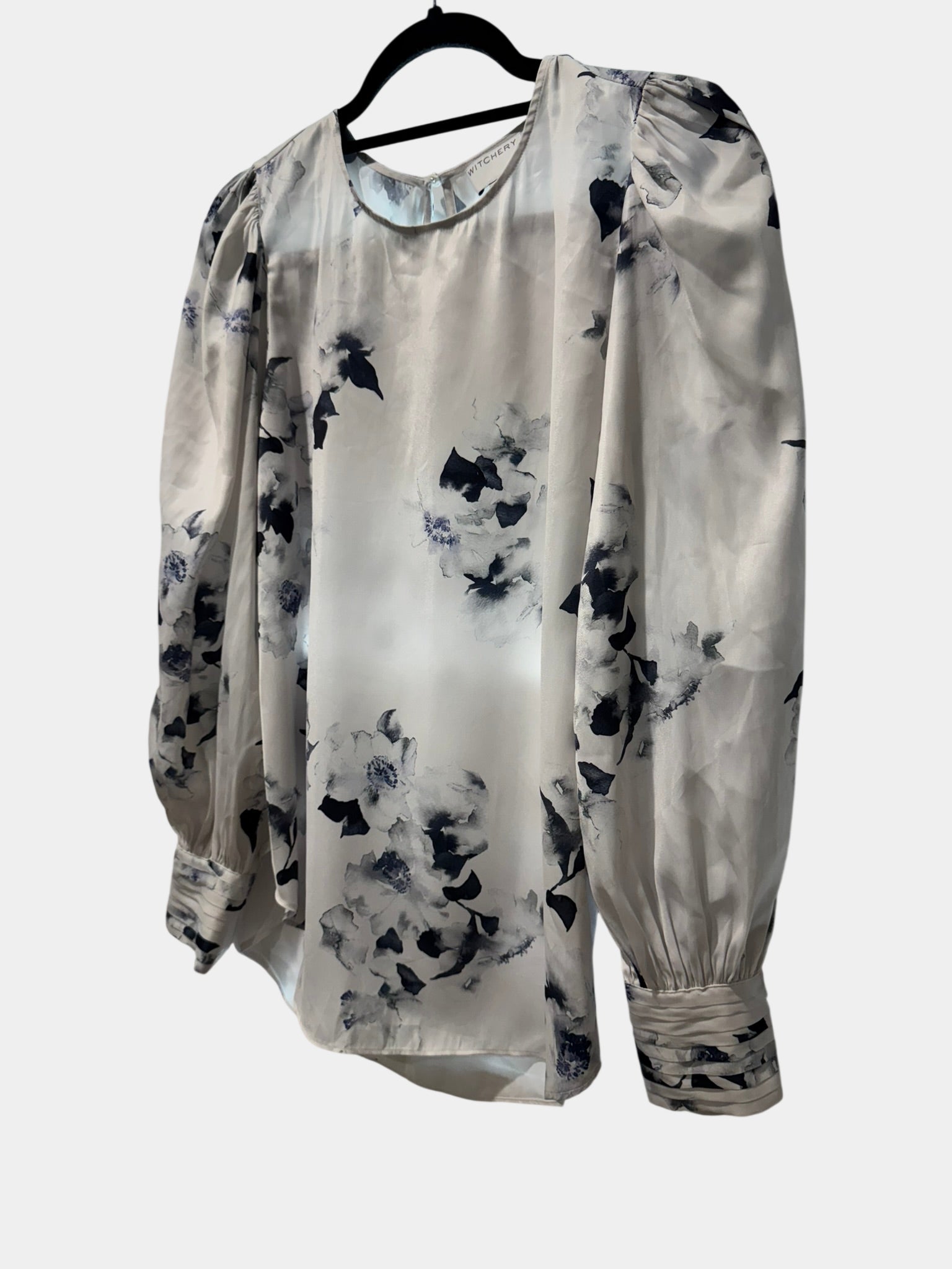 WITCHERY White/Blue Floral Blouse with Puffy Sleeves Size 8