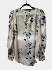 WITCHERY White/Blue Floral Blouse with Puffy Sleeves Size 8
