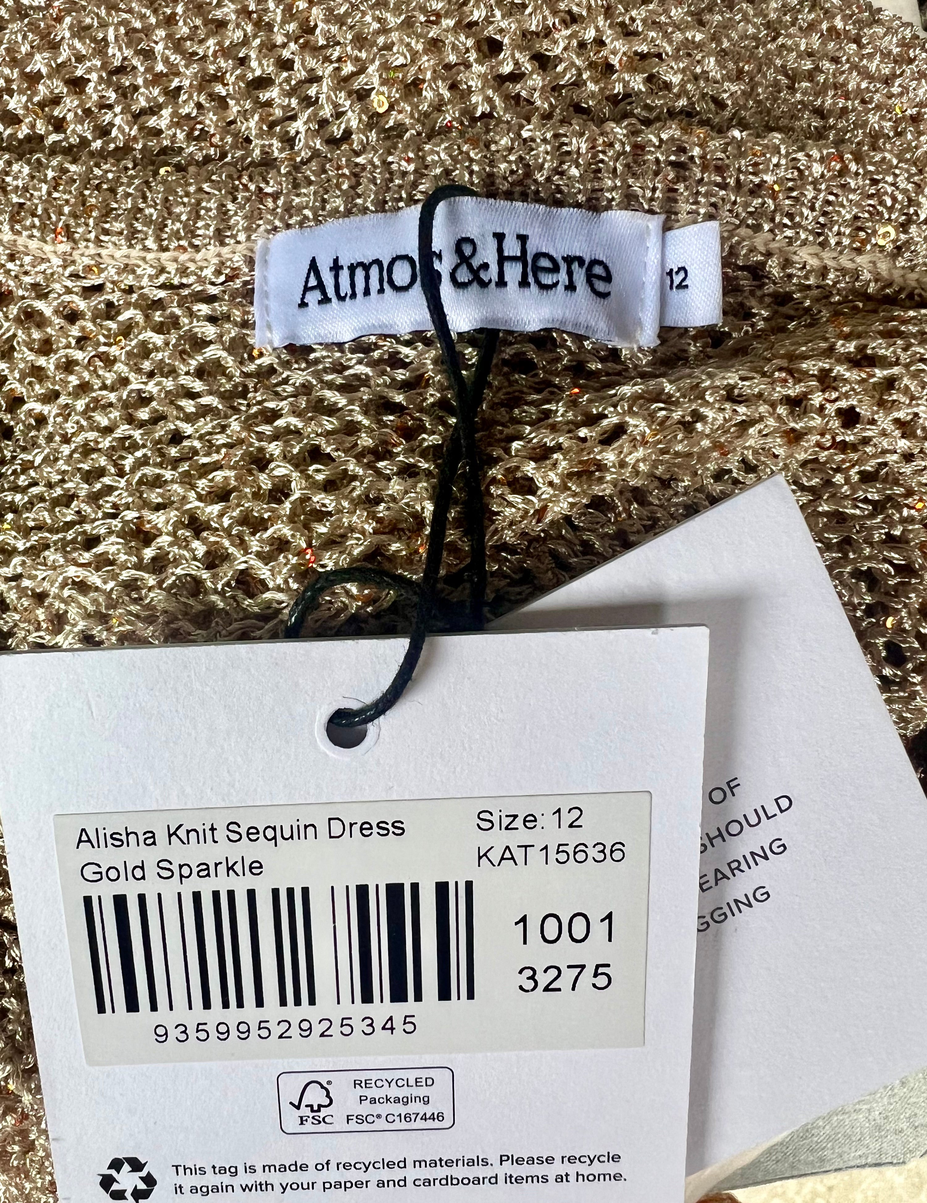 Atmos & Here Alisha Knit Sequin Gold Sparkle Dress NWT Size 12