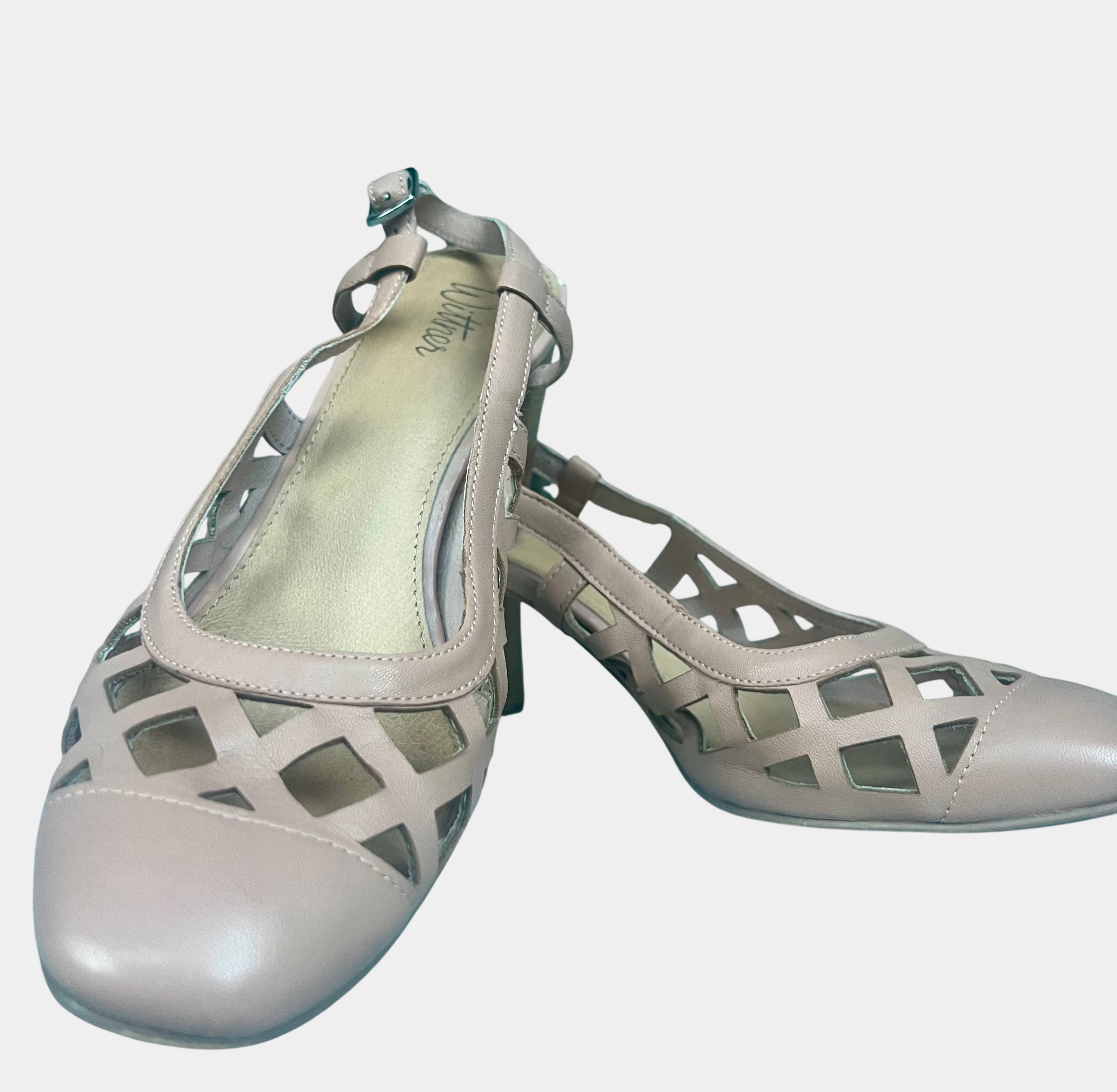 Wittner Nude Beige Lattice Cut-Out Block Wood Heel Ankle Strap Sandals EU 39