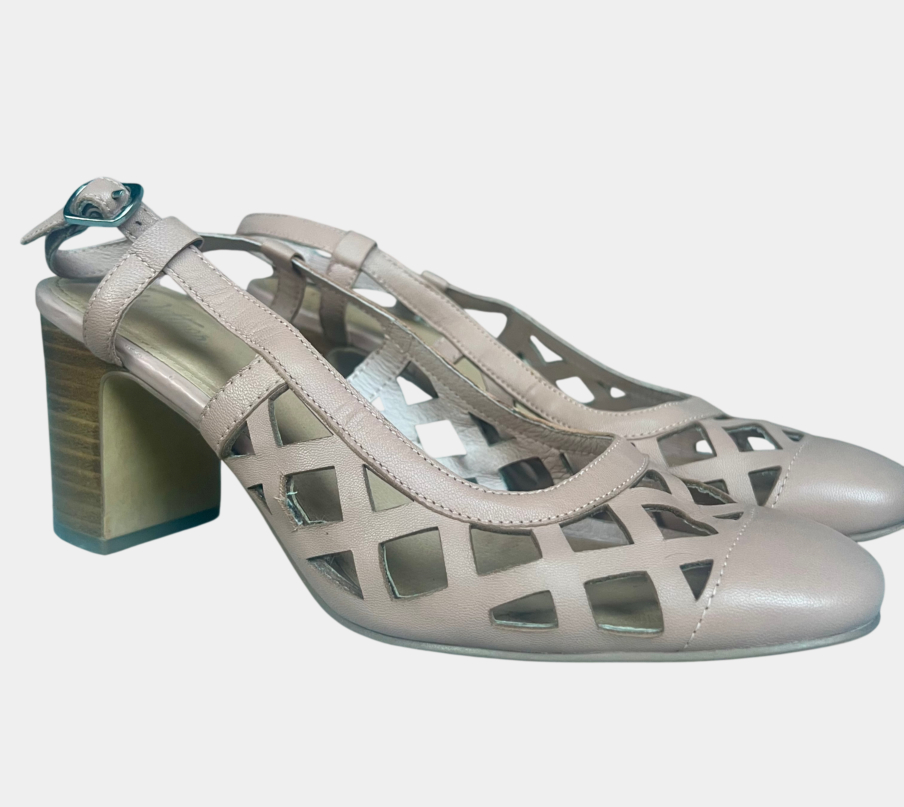 Wittner Nude Beige Lattice Cut-Out Block Wood Heel Ankle Strap Sandals EU 39