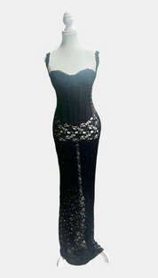 Outcast Black Floral Lace Dress with Corset Lace-Up Belt Size L
