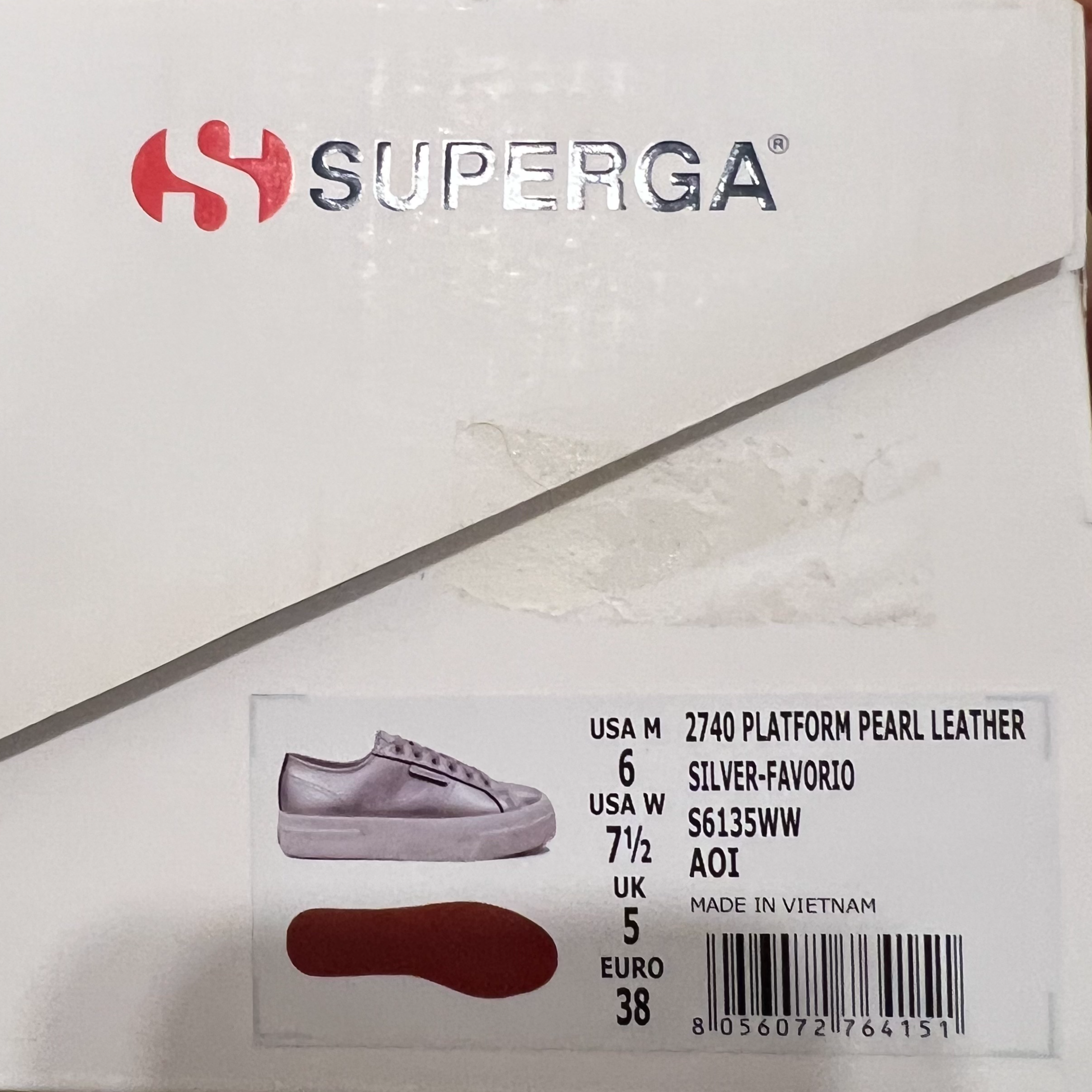 Superga 2740 Platform Pearl Leather Sneakers — Silver, EU 38 | NWT