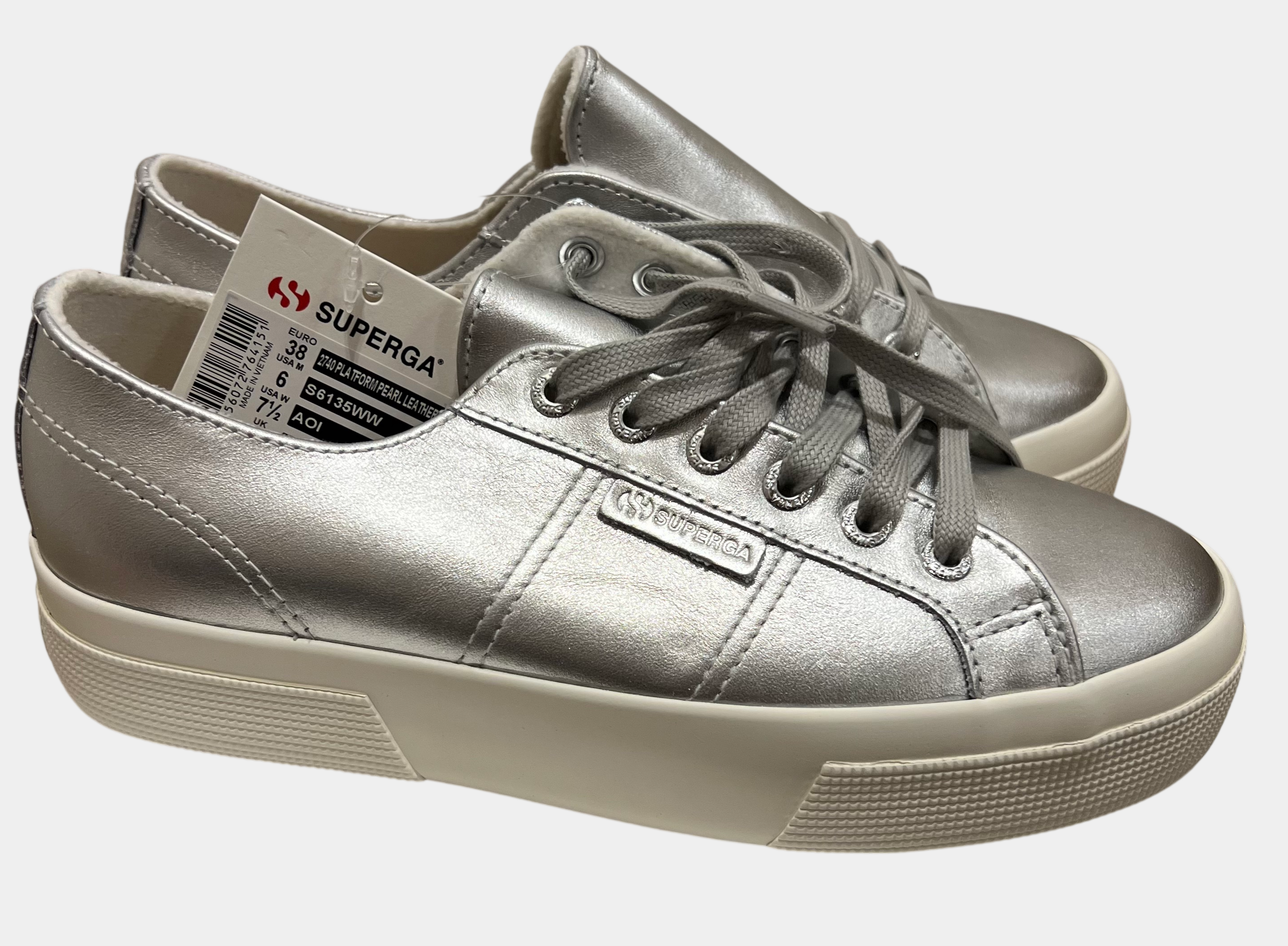 Superga 2740 Platform Pearl Leather Sneakers — Silver, EU 38 | NWT