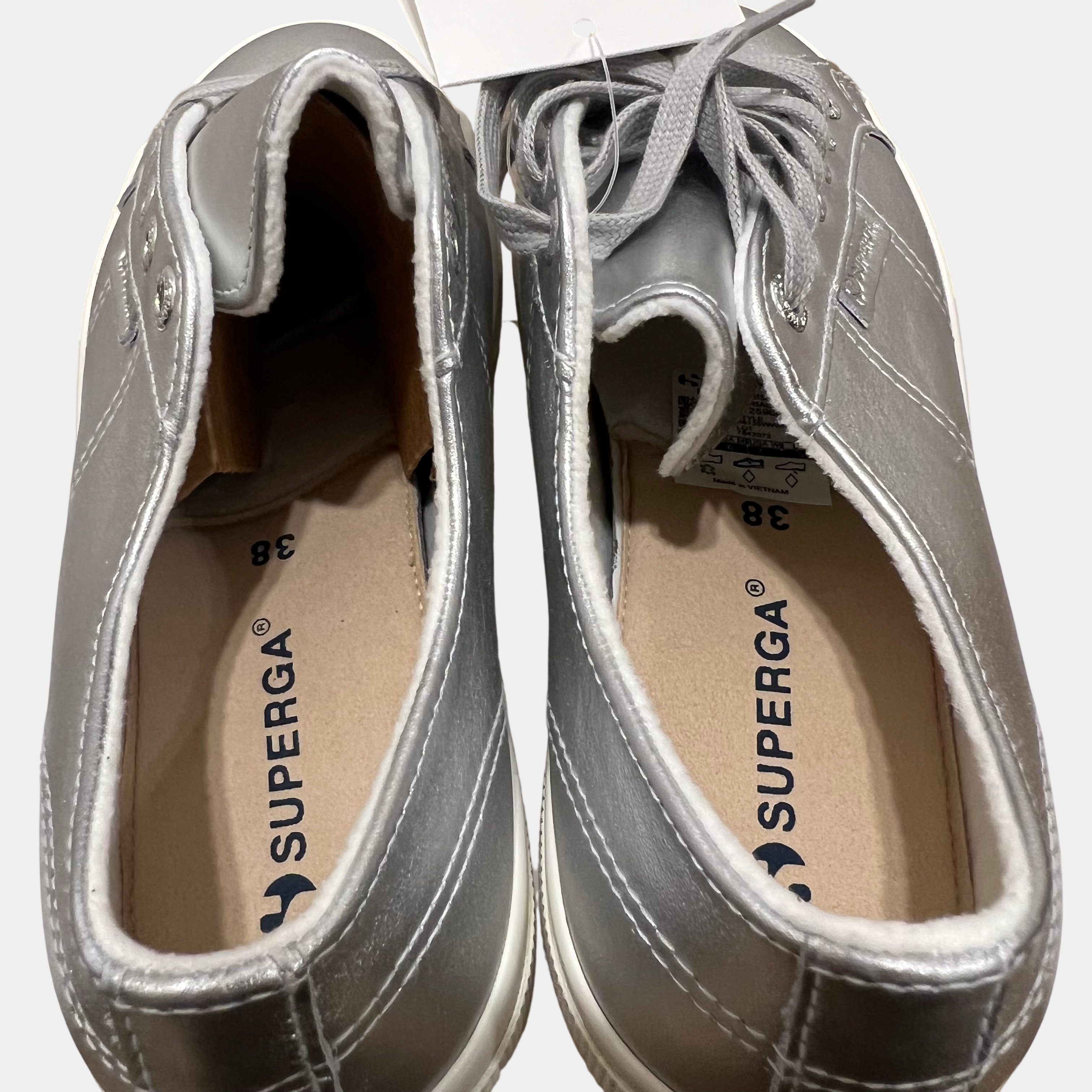 Superga 2740 Platform Pearl Leather Sneakers — Silver, EU 38 | NWT