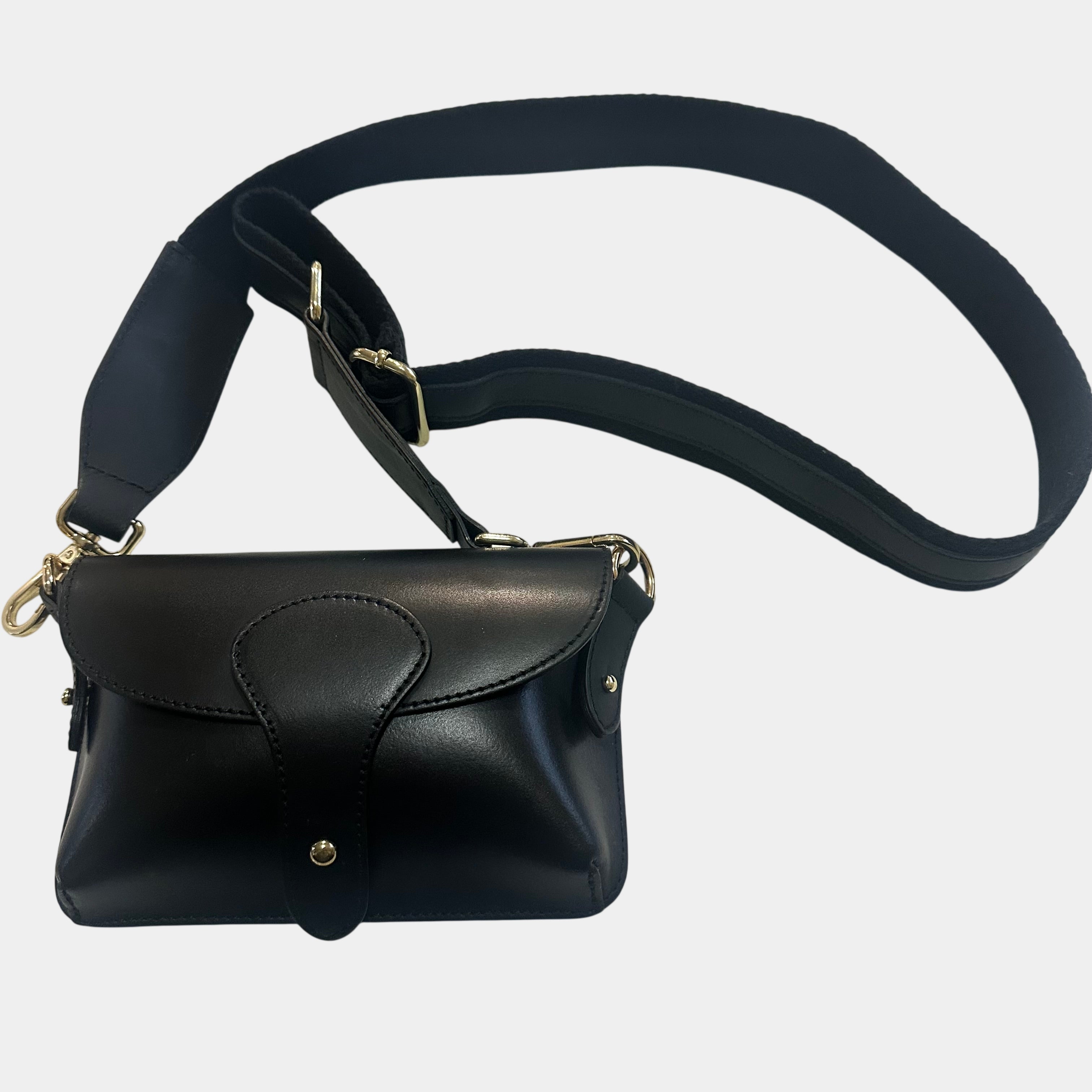 Vera Pelle Black Leather Crossbody Bag with Gold Hardware