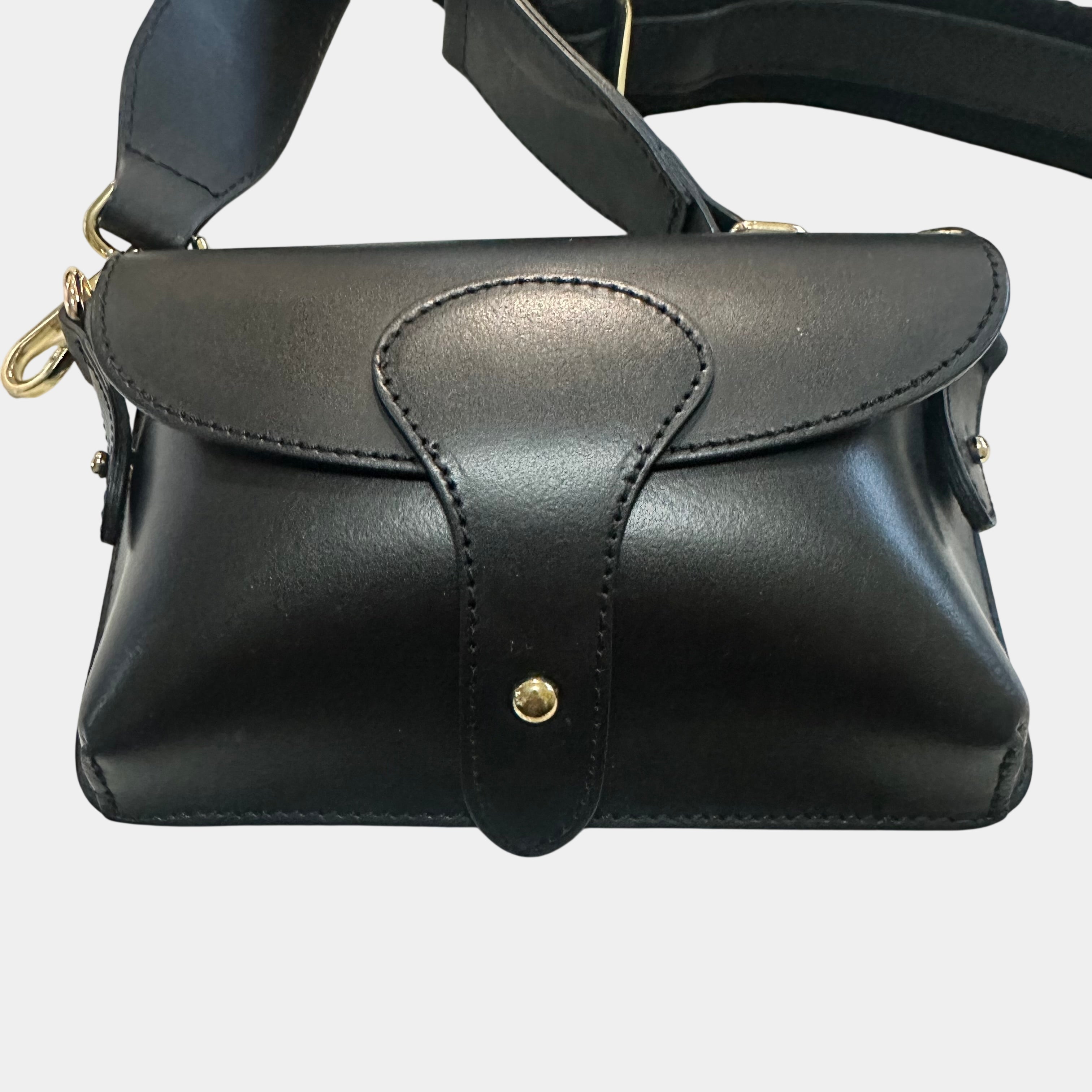 Vera Pelle Black Leather Crossbody Bag with Gold Hardware