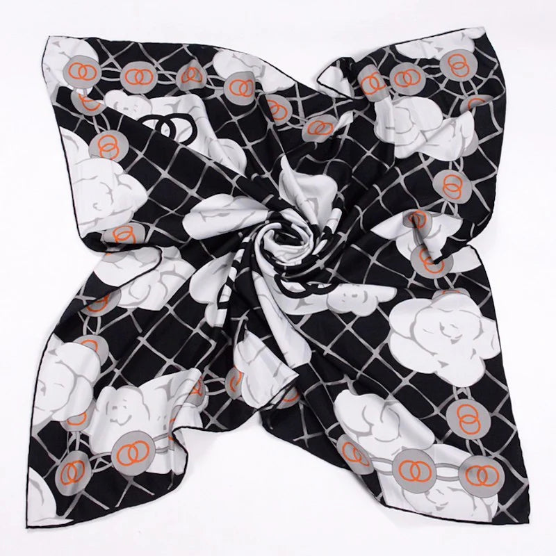 Anyyou Fashion Premium Satin Square Scarf – Black White Roses Silk-Feel Neckwrap for Women