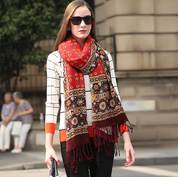 Anyyou 100% Pure Merino Wool Red Brown Paisley Satin Stylish Poncho Winter Large Scarf With Trendy Pashmina Shawl Bandana For Womenfashion Design