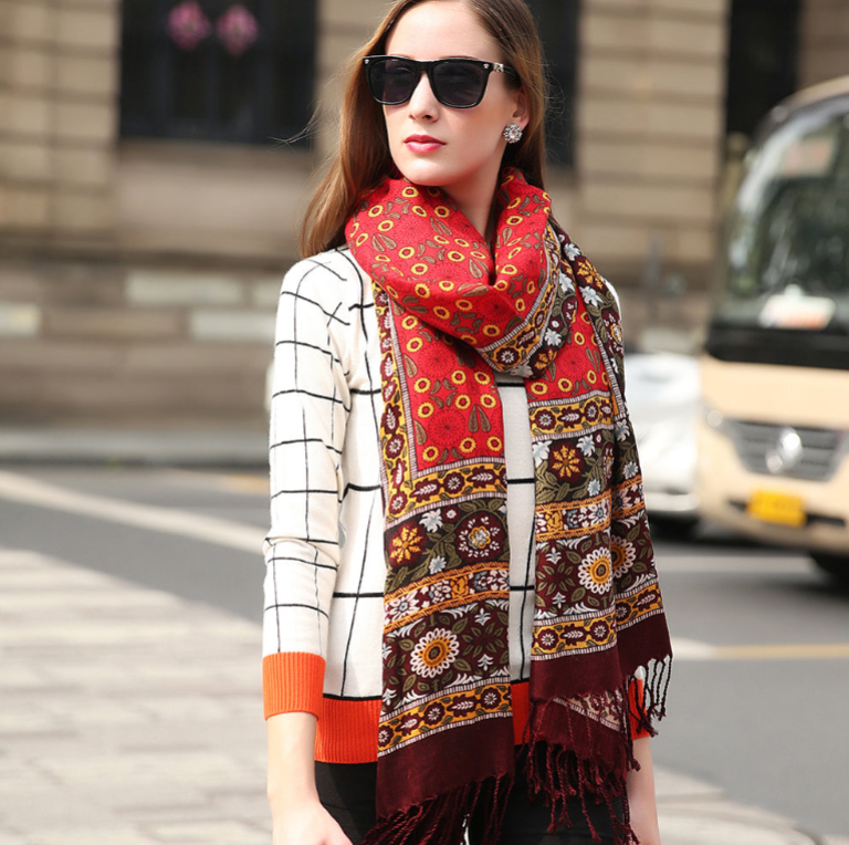 Anyyou 100% Pure Merino Wool Red Brown Paisley Satin Stylish Poncho Winter Large Scarf With Trendy Pashmina Shawl Bandana For Womenfashion Design