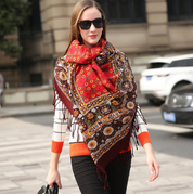 Anyyou 100% Pure Merino Wool Red Brown Paisley Satin Stylish Poncho Winter Large Scarf With Trendy Pashmina Shawl Bandana For Womenfashion Design