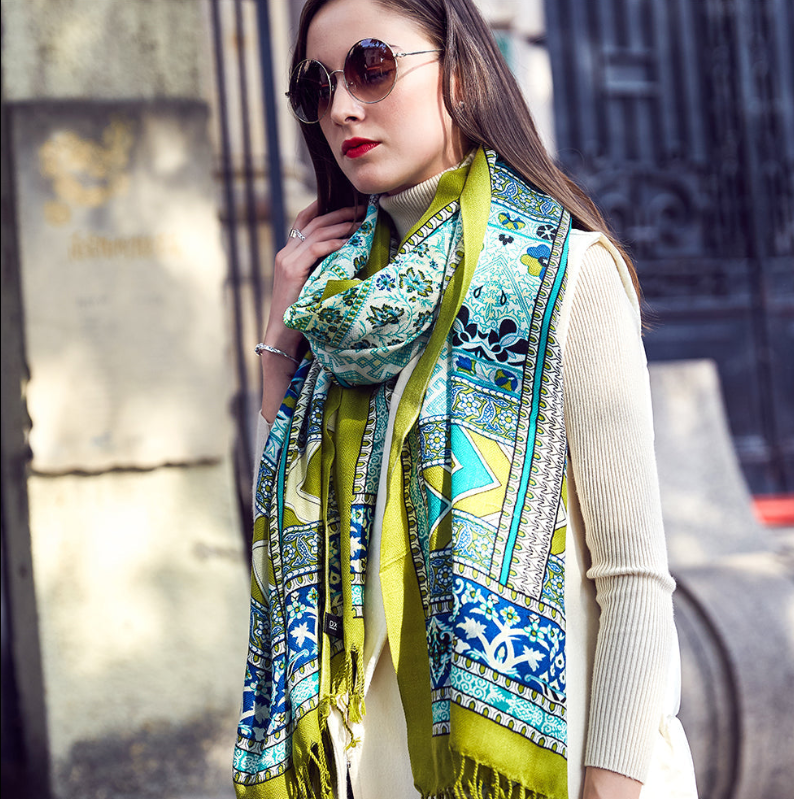 Anyyou 100% Pure Merino Wool Green Garden Vines Stylish Poncho Winter Large Scarf With Trendy Pashmina Shawl Bandana  For Womenfashion Design