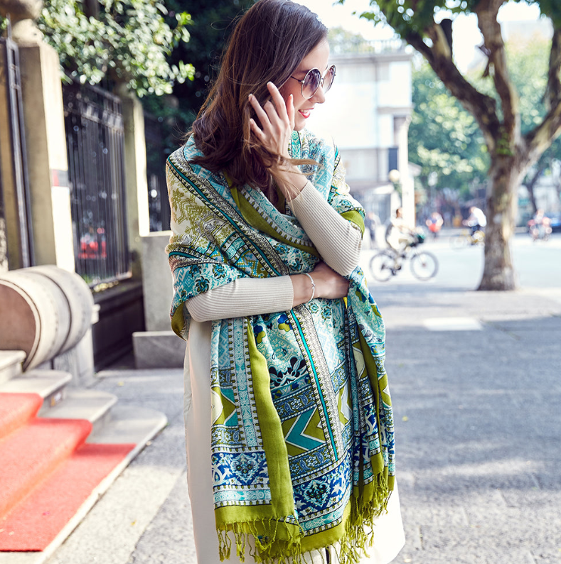 Anyyou 100% Pure Merino Wool Green Garden Vines Stylish Poncho Winter Large Scarf With Trendy Pashmina Shawl Bandana  For Womenfashion Design