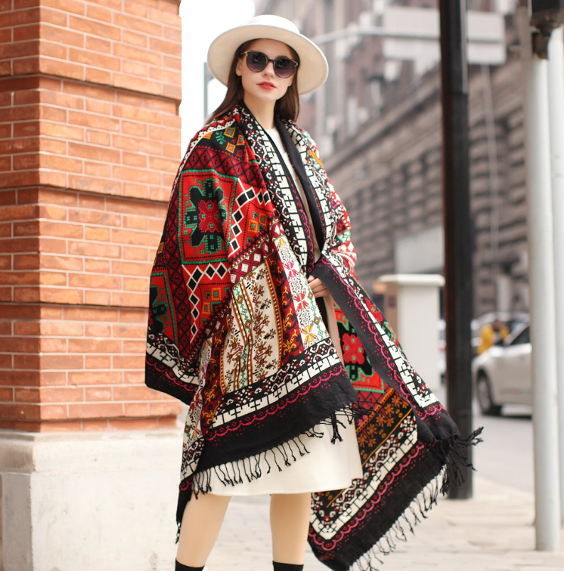 Anyyou 100% Pure Merino Wool Red Stained Pattern Stylish Poncho Winter Large Scarf With Trendy Pashmina Shawl Bandana Wrap For Womenfashion Design