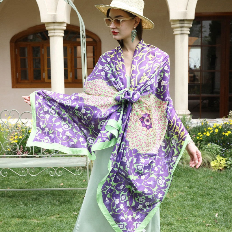 Anyyou 100% Mulberry Silk Purple And Green Long Scarf Luxury Brand Women Beach Shawl Wear Swimwear Pashimina Face Shield