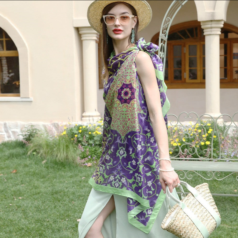 Anyyou 100% Mulberry Silk Purple And Green Long Scarf Luxury Brand Women Beach Shawl Wear Swimwear Pashimina Face Shield