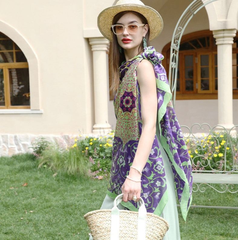 Anyyou 100% Mulberry Silk Purple And Green Long Scarf Luxury Brand Women Beach Shawl Wear Swimwear Pashimina Face Shield