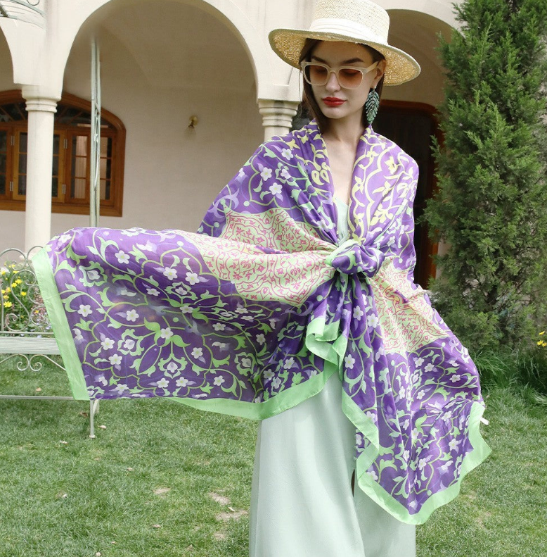 Anyyou 100% Mulberry Silk Purple And Green Long Scarf Luxury Brand Women Beach Shawl Wear Swimwear Pashimina Face Shield