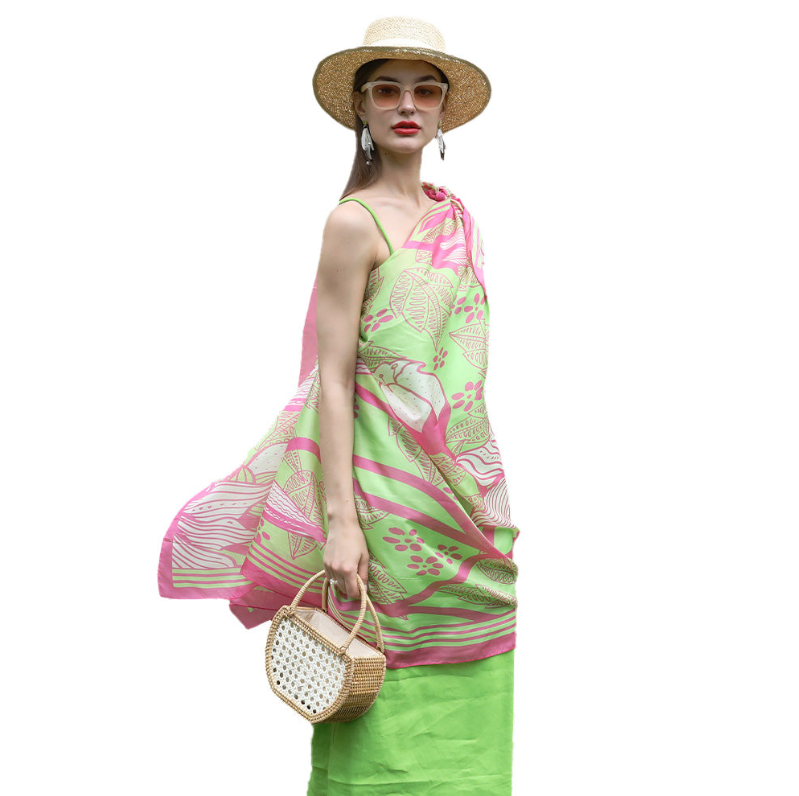 Anyyou 100% Mulberry Silk Pink And Green Long Scarf Luxury Brand Women Beach Shawl Wear Swimwear Pashimina Face Shield Foulard