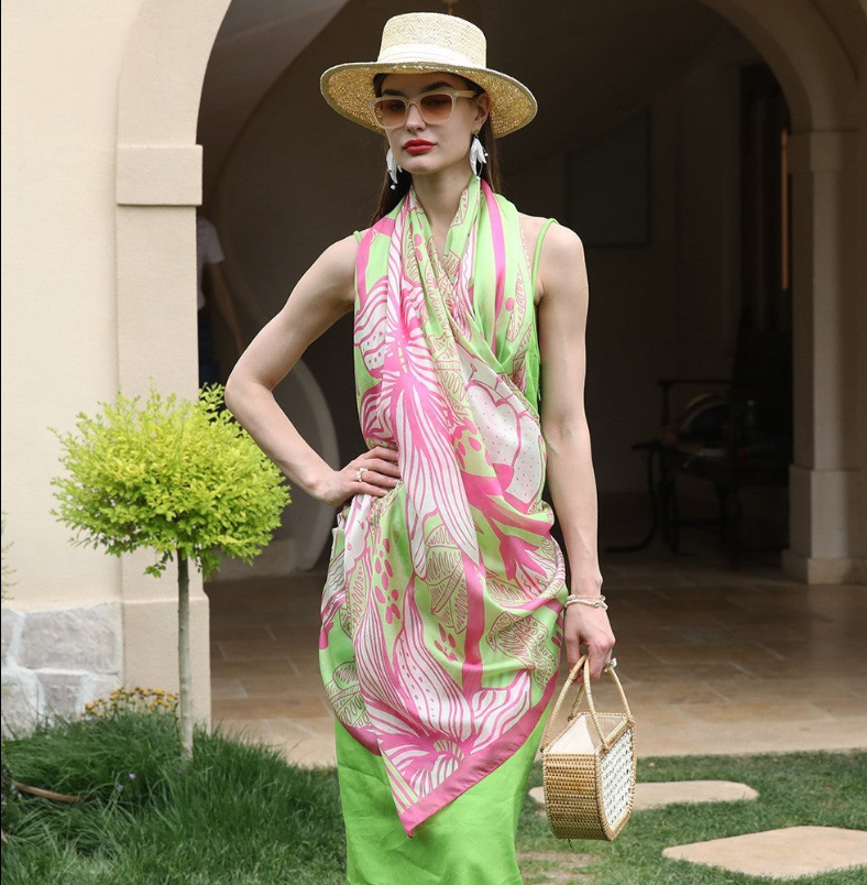 Anyyou 100% Mulberry Silk Pink And Green Long Scarf Luxury Brand Women Beach Shawl Wear Swimwear Pashimina Face Shield Foulard