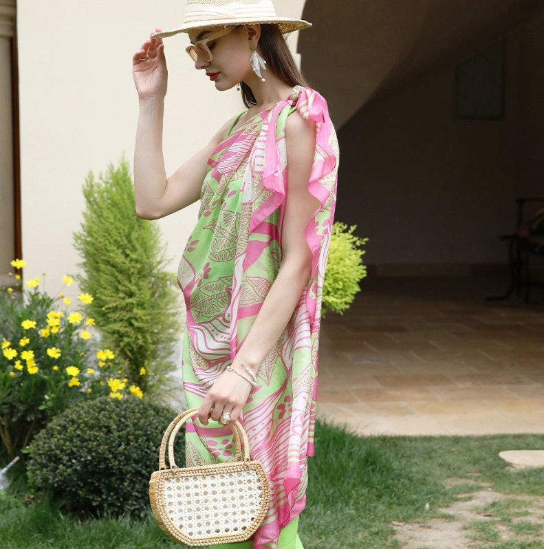 Anyyou 100% Mulberry Silk Pink And Green Long Scarf Luxury Brand Women Beach Shawl Wear Swimwear Pashimina Face Shield Foulard