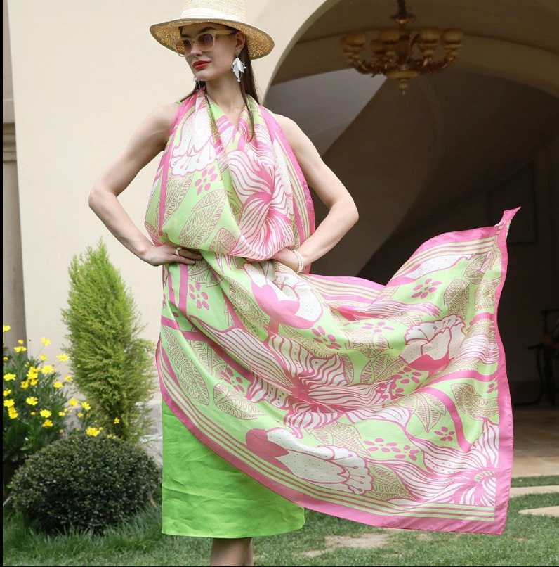 Anyyou 100% Mulberry Silk Pink And Green Long Scarf Luxury Brand Women Beach Shawl Wear Swimwear Pashimina Face Shield Foulard