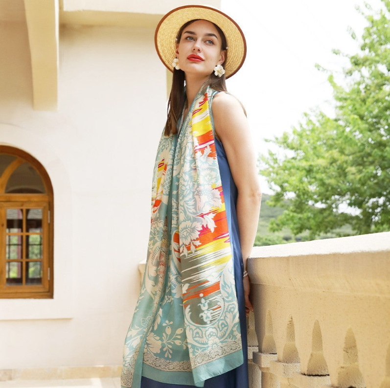 Anyyou 100% Mulberry Silk Pastel Blue Long Scarf Luxury Brand Women Beach Shawl Wear Swimwear Pashimina Face Shield Foulard