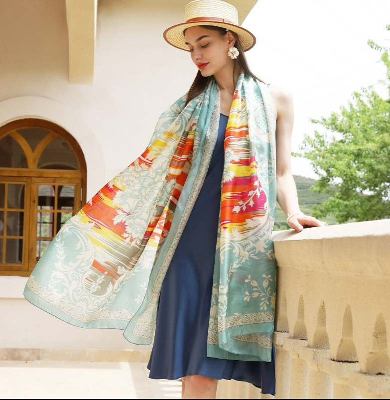 Anyyou 100% Mulberry Silk Pastel Blue Long Scarf Luxury Brand Women Beach Shawl Wear Swimwear Pashimina Face Shield Foulard
