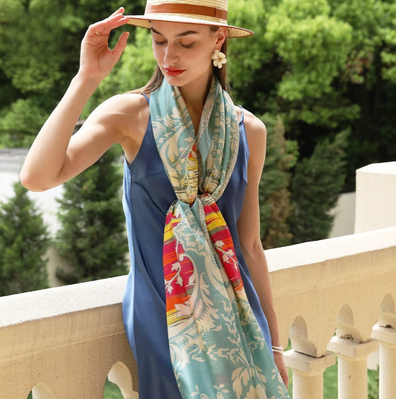 Anyyou 100% Mulberry Silk Pastel Blue Long Scarf Luxury Brand Women Beach Shawl Wear Swimwear Pashimina Face Shield Foulard